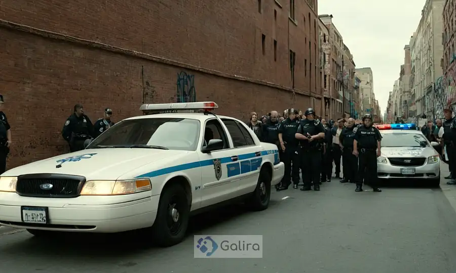 Ciudadanos y autoridades preocupados en medio de paisajes urbanos con coches de policía y graffiti.