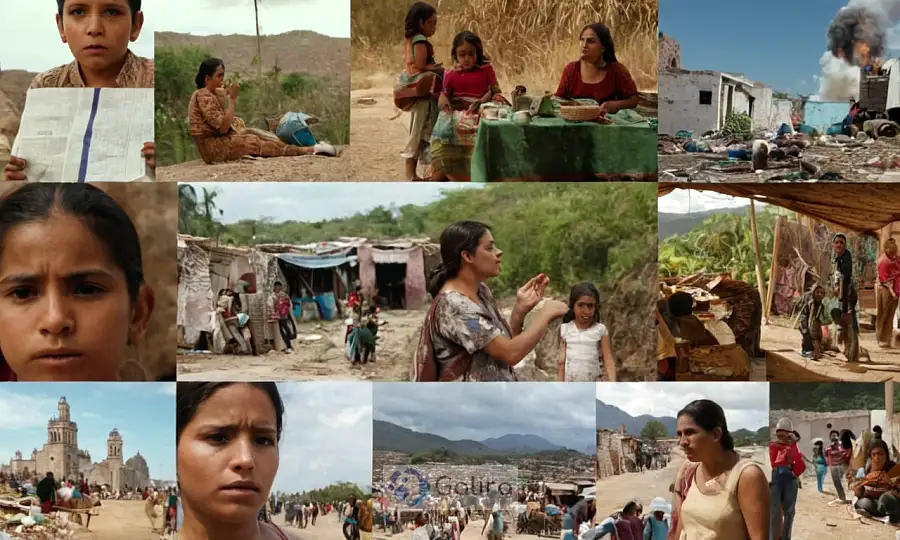 Un collage de imágenes simbólicas que representan los 12 problemas sociales críticos en México, con una imagen débil de la gente afectada por la pobreza en el fondo.